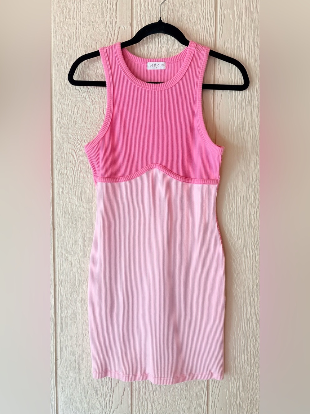 Vestique Barbiecore Colorblock Ribbed Mini Dress Pink Bodycon Racerback M NWT